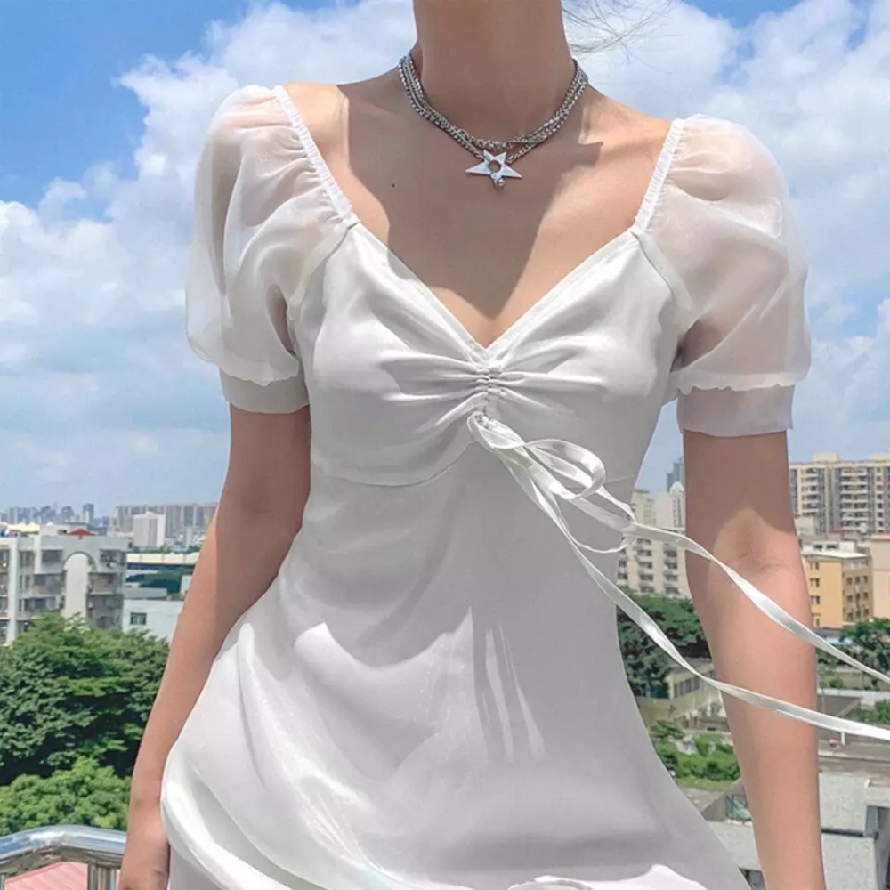 Korean Satin Layered Mini White Dress - Picture 2 of 13